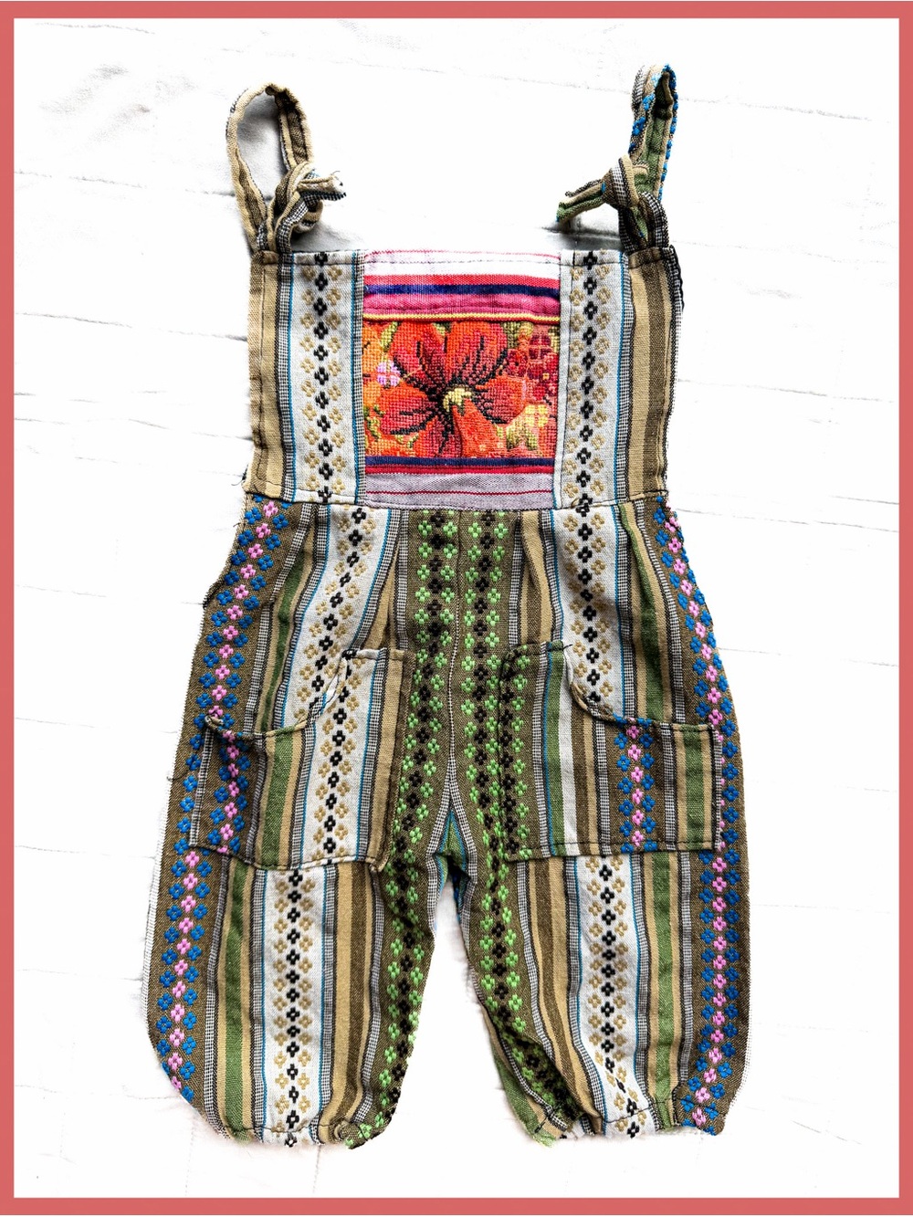 Vintage Boho Guatemalan Handwoven Kids Overalls Romper Artisan Ethnic Cotton 12m
